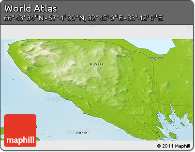 Physical 3D Map of the Area around 66° 54' 2" N, 33° 13' 30" E
