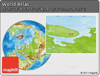 Physical Location Map of the Area around 66° 54' 2" N, 39° 10' 29" E