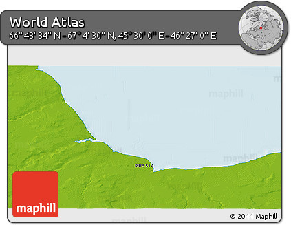 Physical 3D Map of the Area around 66° 54' 2" N, 45° 58' 30" E