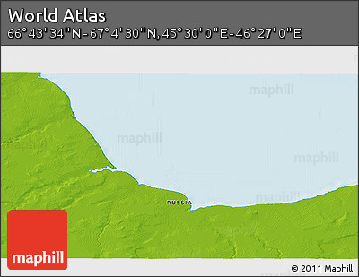 Physical 3D Map of the Area around 66° 54' 2" N, 45° 58' 30" E