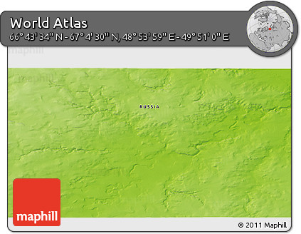 Physical 3D Map of the Area around 66° 54' 2" N, 49° 22' 30" E