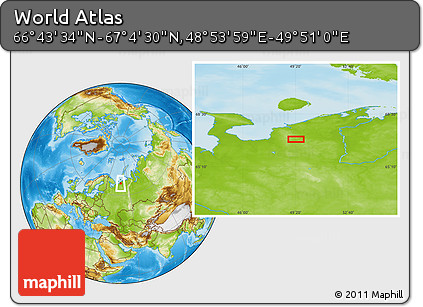 Physical Location Map of the Area around 66° 54' 2" N, 49° 22' 30" E