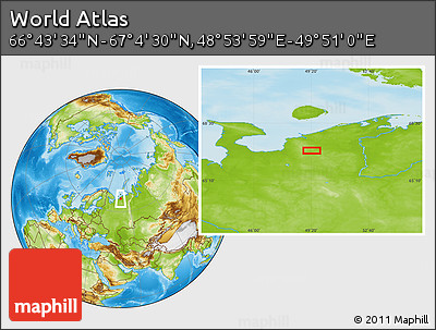 Physical Location Map of the Area around 66° 54' 2" N, 49° 22' 30" E