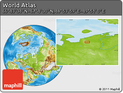 Physical Location Map of the Area around 66° 54' 2" N, 49° 22' 30" E