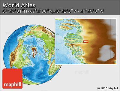 Physical Location Map of the Area around 66° 54' 2" N, 49° 13' 30" W