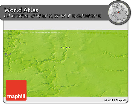 Physical 3D Map of the Area around 66° 54' 2" N, 56° 10' 29" E