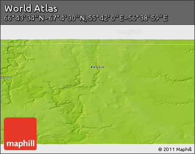 Physical 3D Map of the Area around 66° 54' 2" N, 56° 10' 29" E