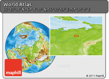Physical Location Map of the Area around 66° 54' 2" N, 57° 1' 29" E