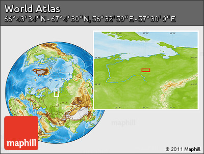Physical Location Map of the Area around 66° 54' 2" N, 57° 1' 29" E