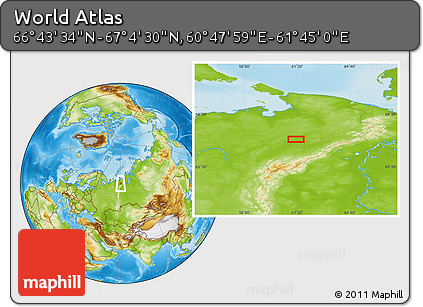 Physical Location Map of the Area around 66° 54' 2" N, 61° 16' 29" E