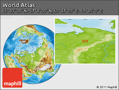 Physical Location Map of the Area around 66° 54' 2" N, 61° 16' 29" E