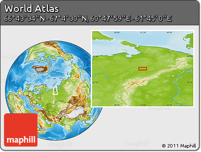Physical Location Map of the Area around 66° 54' 2" N, 61° 16' 29" E