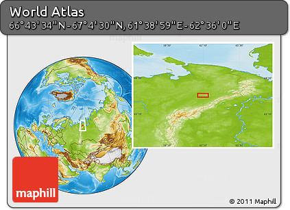 Physical Location Map of the Area around 66° 54' 2" N, 62° 7' 30" E