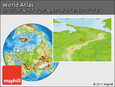 Physical Location Map of the Area around 66° 54' 2" N, 62° 7' 30" E
