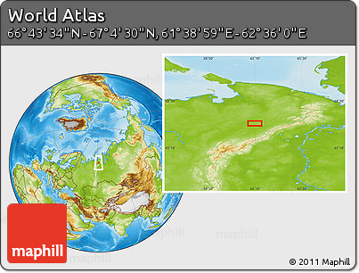 Physical Location Map of the Area around 66° 54' 2" N, 62° 7' 30" E