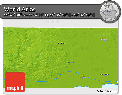 Physical 3D Map of the Area around 66° 54' 2" N, 68° 4' 29" E