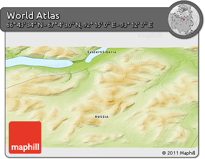 Physical 3D Map of the Area around 66° 54' 2" N, 92° 43' 29" E