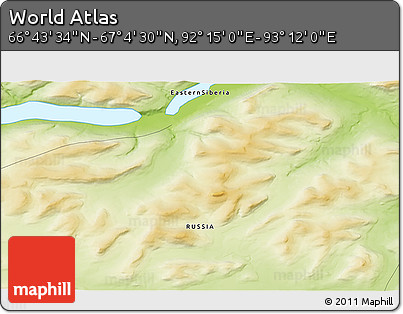 Physical 3D Map of the Area around 66° 54' 2" N, 92° 43' 29" E