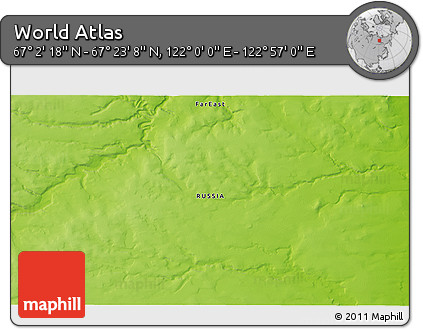Physical 3D Map of the Area around 67° 12' 43" N, 122° 28' 29" E