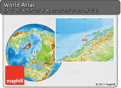 Physical Location Map of the Area around 67° 12' 43" N, 12° 49' 29" E
