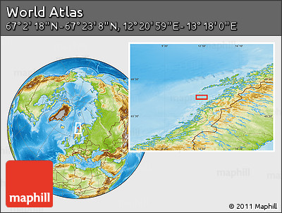 Physical Location Map of the Area around 67° 12' 43" N, 12° 49' 29" E