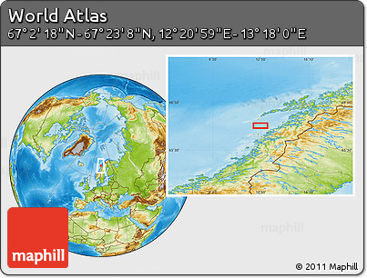 Physical Location Map of the Area around 67° 12' 43" N, 12° 49' 29" E
