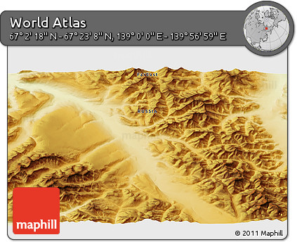 Physical 3D Map of the Area around 67° 12' 43" N, 139° 28' 29" E