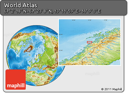 Physical Location Map of the Area around 67° 12' 43" N, 13° 40' 30" E