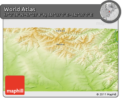 Physical 3D Map of the Area around 67° 12' 43" N, 142° 1' 30" E