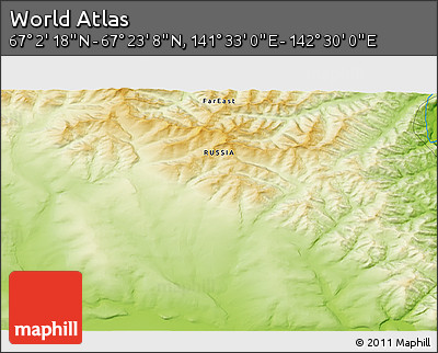 Physical 3D Map of the Area around 67° 12' 43" N, 142° 1' 30" E