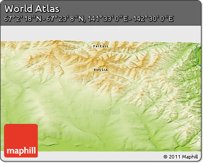 Physical 3D Map of the Area around 67° 12' 43" N, 142° 1' 30" E