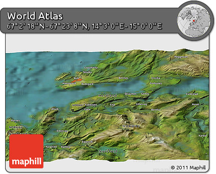 Satellite 3D Map of the Area around 67° 12' 43" N, 14° 31' 30" E