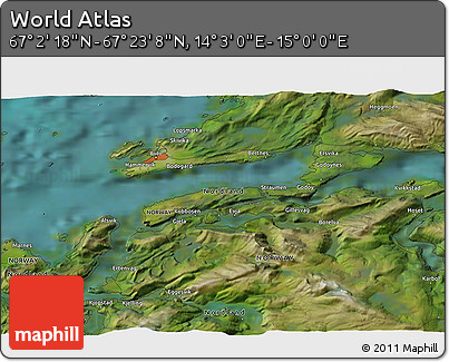 Satellite 3D Map of the Area around 67° 12' 43" N, 14° 31' 30" E