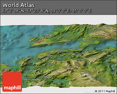 Satellite 3D Map of the Area around 67° 12' 43" N, 14° 31' 30" E