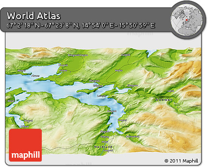 Physical 3D Map of the Area around 67° 12' 43" N, 15° 22' 30" E