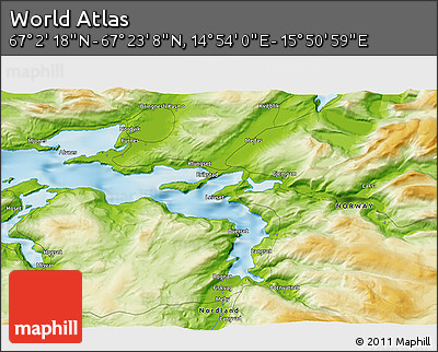 Physical 3D Map of the Area around 67° 12' 43" N, 15° 22' 30" E