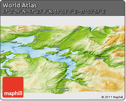 Physical 3D Map of the Area around 67° 12' 43" N, 15° 22' 30" E