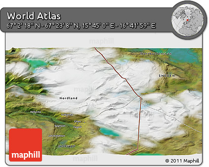 Satellite 3D Map of the Area around 67° 12' 43" N, 16° 13' 30" E