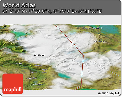 Satellite 3D Map of the Area around 67° 12' 43" N, 16° 13' 30" E