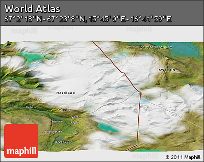 Satellite 3D Map of the Area around 67° 12' 43" N, 16° 13' 30" E