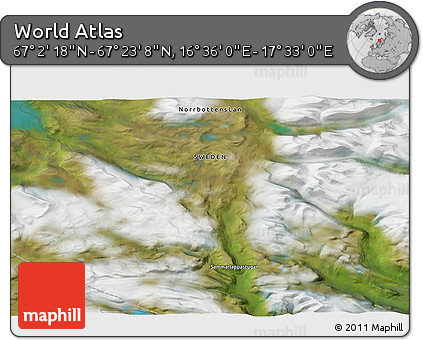Satellite 3D Map of the Area around 67° 12' 43" N, 17° 4' 30" E