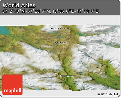 Satellite 3D Map of the Area around 67° 12' 43" N, 17° 4' 30" E