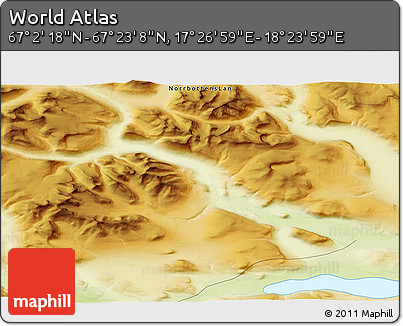 Physical 3D Map of the Area around 67° 12' 43" N, 17° 55' 29" E