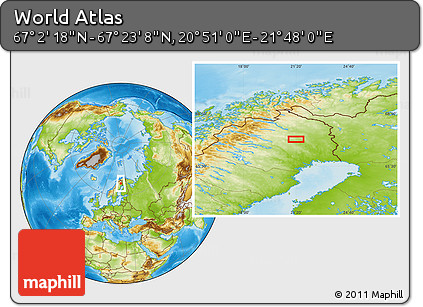 Physical Location Map of the Area around 67° 12' 43" N, 21° 19' 30" E