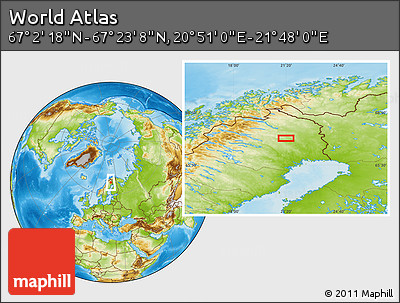 Physical Location Map of the Area around 67° 12' 43" N, 21° 19' 30" E