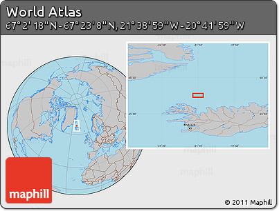 Gray Location Map of the Area around 67° 12' 43" N, 21° 10' 29" W