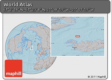 Gray Location Map of the Area around 67° 12' 43" N, 21° 10' 29" W, hill shading