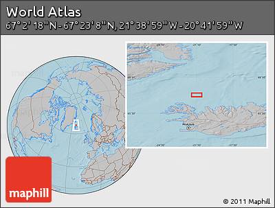 Gray Location Map of the Area around 67° 12' 43" N, 21° 10' 29" W, hill shading