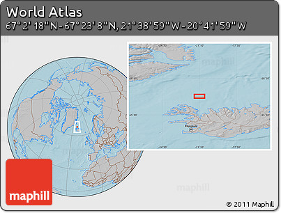Gray Location Map of the Area around 67° 12' 43" N, 21° 10' 29" W, hill shading