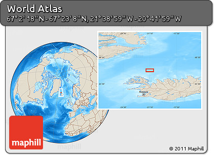 Shaded Relief Location Map of the Area around 67° 12' 43" N, 21° 10' 29" W